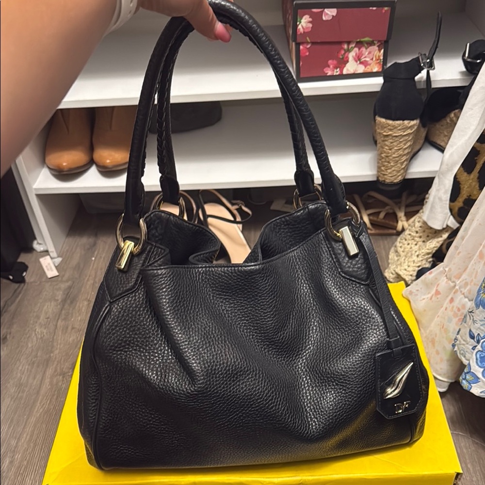 Diane Von Furstenberg Black Shoulder Bag with Textured Leather